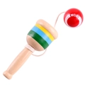 Wooden Kendama toy with a red ball and colorful painted stripes on natural wood handle - Red