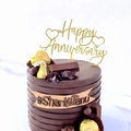 Gold Happy Anniversary acrylic cake topper on chocolate cake for party decoration - Style 5 / Gold