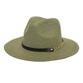 Close-up of wide brim straw sun hat with black leather strap and gold chain detail - M (56-58cm) / Army Green