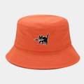Detail of cartoon black cat embroidery on orange cotton bucket hat with sharp stitching - M (56-58cm) / Orange