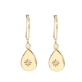 Elegant gold teardrop earrings with central zircon and star pattern on white background - Water Drop