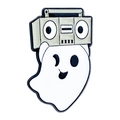 Cartoon white ghost wearing boombox radio enamel pin badge in cute spooky style - Radio Ghost