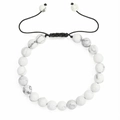 Braided bracelet with 8mm white marble-textured stones and adjustable black cord - White Marble Grain (Style 13)