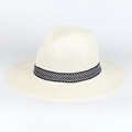 Detailed view of woven straw sun hat with black and white geometric patterned ribbon - Adjustable / Creamy White