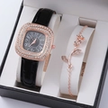 Orologio quadrato oro rosa con strass, cinturino in pelle nera e bracciale floreale in box - Nero (Orologio con Bracciale)