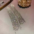 Detailed view of silver tassel earrings featuring high-shine crystal rhinestones - Silver Full Rhinestone