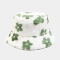 Detail view of plush white bucket hat featuring soft faux fur and green floral patterns - M (56-58cm) / White With Green Flowers