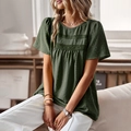 Short sleeve dark green round neck shirt for women with lace trim and polka dot texture - S / Green