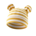 Detailed shot of baby beanie with yellow and white stripes and cute round ear accents - Ginger Striped