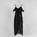 Detail of black chiffon dress with ruffle trim, adjustable straps, and sheer texture - S / Black