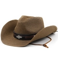 Classic brown woven straw cowboy hat with vintage metal buckle and wind rope - M (56-58cm) / Coffee