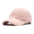 Pink knit baseball cap featuring fluffy rabbit fur texture and warm thick weave - Adjustable / Pink