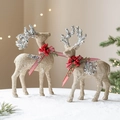 Golden glitter Christmas reindeer ornaments set with sequins and red ribbon for holiday decor - Champagne Gold Reindeer Pair