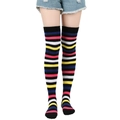 Detail of cotton over-knee socks featuring vibrant color stripes on a black base - No.7 Black Opening