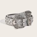Sparkly silver rhinestone belt with western floral engraved buckle for vintage aesthetics - Silver