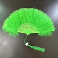 Elegant green feather folding fan with lace trim, golden hollow ribs and silk tassel - Lace Feather Fan Green