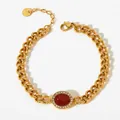 Gold chain bracelet with oval red agate stone and crystal pavé in stainless steel - Red Agate Style (SAK857)