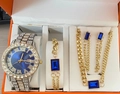 Women's watch set with blue dial and gold jewelry with blue gemstones in gift box - Blue Watch Set 2 (Orange Box)