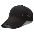 Side view of black mesh trucker hat with a long brim and metallic emblem detail - Black