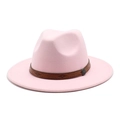 Close-up of pale pink wool fedora hat featuring a brown embossed leather decorative band - M (56-58cm) / Pink