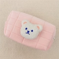 Pink quilted velvet pencil case with a cute plush bear embroidery for stationery storage - Pink (White Bear)