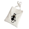 White canvas tote bag featuring a cute black cartoon cat print and long handles - White-Crawling Cat