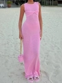 Mouwloze roze gebreide maxi-jurk met knoopdetail voor zomerse strandvakanties - S / Roze