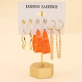Elegant 6-pair gold earring set with pearls, resins, and geometric studs on white card - Orange Resin Rhinestone Combo (29)