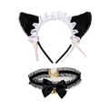 Close-up of cat ear headband and lace choker set with pink ribbons and golden bells - Black Cat Ears with White Lace + Lace Choker