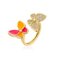 Close-up of 18K gold plated butterfly ring with colorful enamel and zircon stones - Adjustable Open / Gold with Pink and Orange Multicolor Butterfly (12422)
