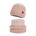 Ensemble bonnet en tricot rayé rose et beige avec cache-col doublé polaire chaud - Rose Mélangé