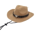 Detail of hand-woven straw hat texture featuring a silver bull head metal ornament - Khaki