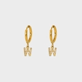 Gold plated stainless steel hoop earrings with letter W pendant and zircon stones - Letter W
