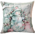 Mint green Christmas pillow cover featuring a cute snowman with festive winter illustrations - Snowman with Pink Gift Box