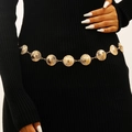 Bohemian gold metal sunburst disc chain belt styled on a black knit dress accessory - KC Gold Sun Pattern Style (WG-0804)