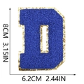Detailed measurement of blue chenille letter D patch with gold sequins, 8cm height - Letter D