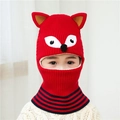 Close-up of red knitted children's balaclava with cute fox ears and striped collar detail - One Size / Fox Red
