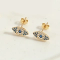 Evil eye stud earrings with blue cubic zirconia and gold plating for women - Oval Evil Eye