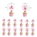 Detail of 6cm cherry-themed cupcake toppers with pink gingham design and birthday text - Small Cherry Cupcake Toppers