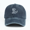 Detail of cartoon dog embroidery on navy blue washed denim baseball cap with curved brim - Navy Blue / Adjustable