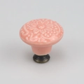 Vintage pink ceramic cabinet knob with floral relief and antique bronze metal base - High Base / Pink