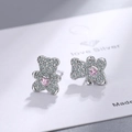 Sparkling silver bear stud earrings with crystal pave and pink heart gemstone - Copper Silver Pin / Pink Bear