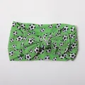 Soft nylon baby headband featuring a green football print with a large knot bow - Green Soccer Pattern