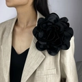 French style 19cm large black satin fabric flower brooch worn on a blazer lapel - Black
