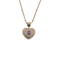 Detailed shot of golden heart pendant with purple gemstone and pavé-set crystals - Purple Center Gemstone Diamond Heart + 40CM Bead Chain
