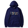 Felpa con cappuccio blu navy oversize con stampa colorata Who let me have fun e stelle - S / Blu navy