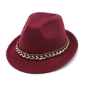Detail of burgundy wool fedora featuring a gold metal chain and brown ribbon accent - M (56-58cm) / Burgundy