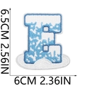 Detailed size view of blue and white letter E embroidered patch with snow effect - Letter E
