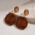 Close-up of retro geometric resin earrings with brown marble texture and gold metal studs - Silver Earring Post - Coffee