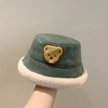 Green plush bear bucket hat for toddlers with soft suede and white faux fur trim - 46-52cm / Green